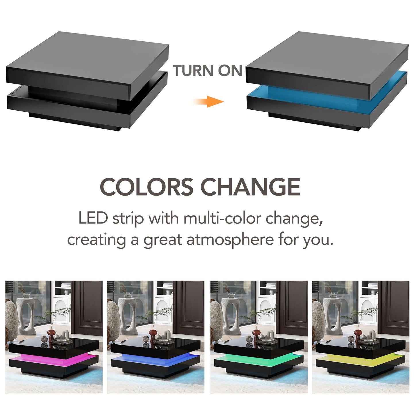 High Gloss Minimalist LED 2-Tier Square Coffee Table, Modern Center Table for Living Room, 31.5x31.5x14.2, Black Finish