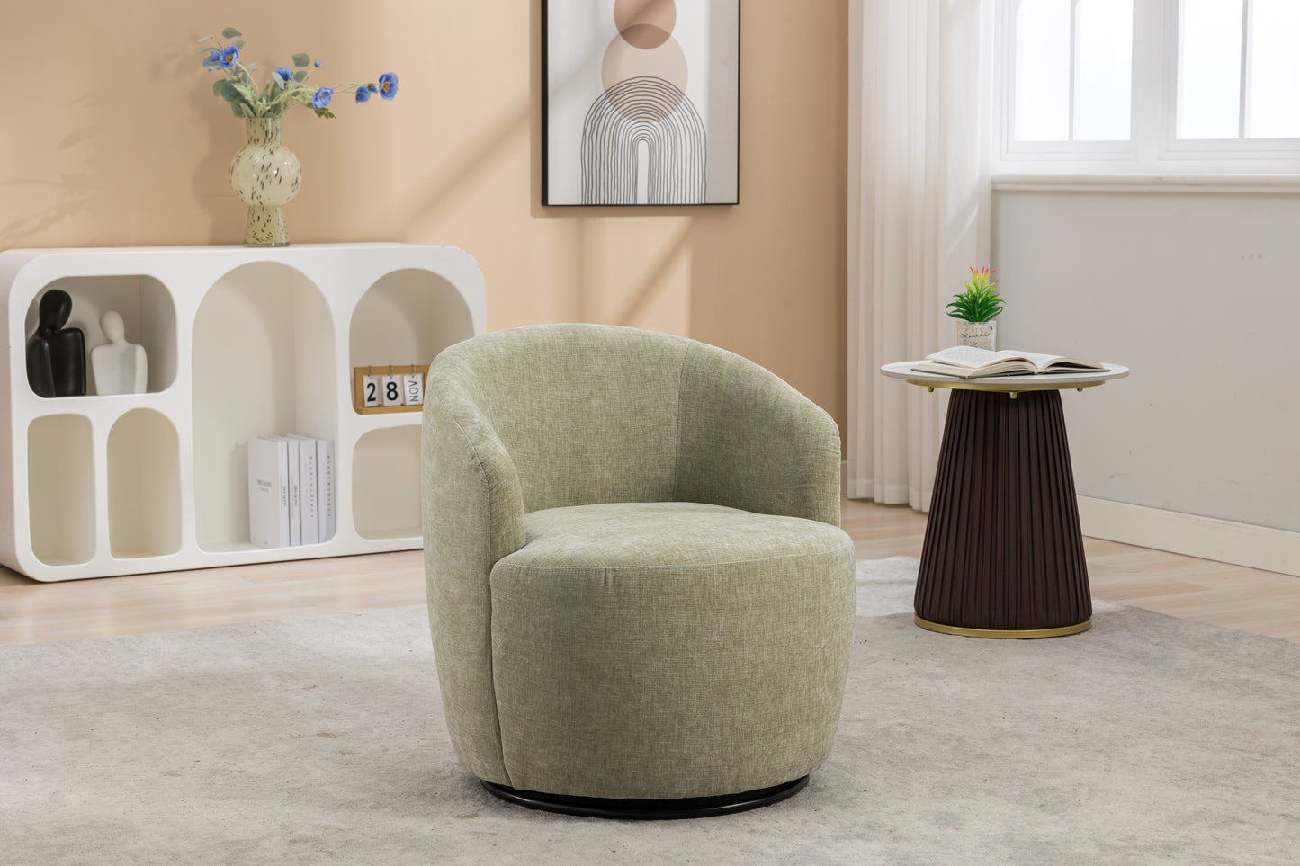 Chenille Fabric Swivel Accent Armchair Barrel Chair With Black Powder Coating Metal Ring,Light Green