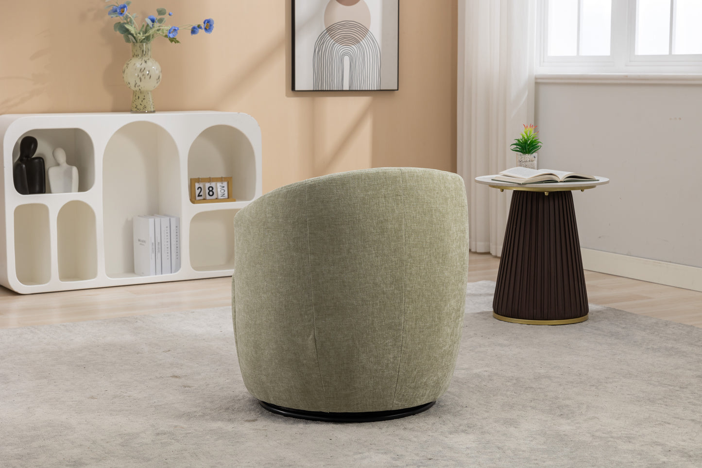 Chenille Fabric Swivel Accent Armchair Barrel Chair With Black Powder Coating Metal Ring,Light Green