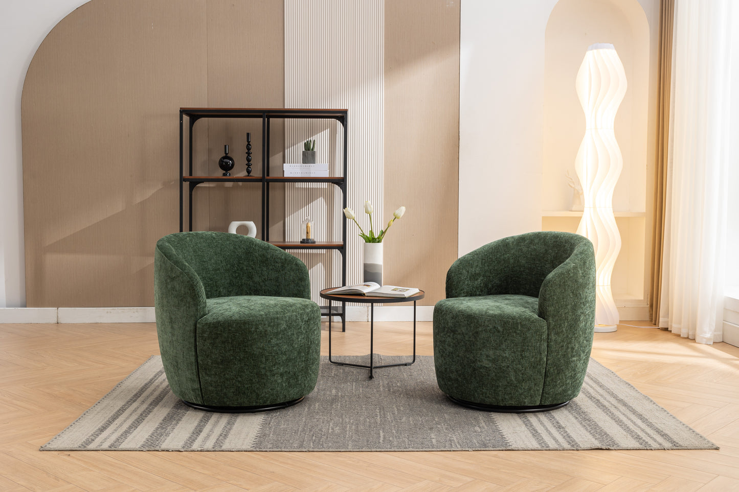 Chenille Fabric Swivel Accent Armchair Barrel Chair With Black Powder Coating Metal Ring,Green