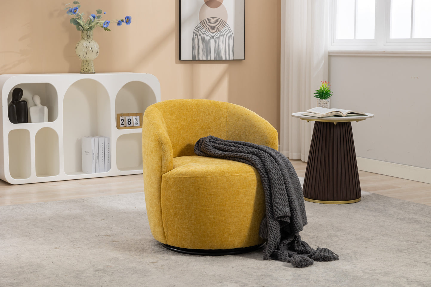 Chenille Fabric Swivel Accent Armchair Barrel Chair With Black Powder Coating Metal Ring,Yellow