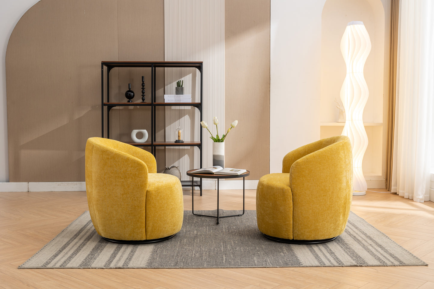 Chenille Fabric Swivel Accent Armchair Barrel Chair With Black Powder Coating Metal Ring,Yellow