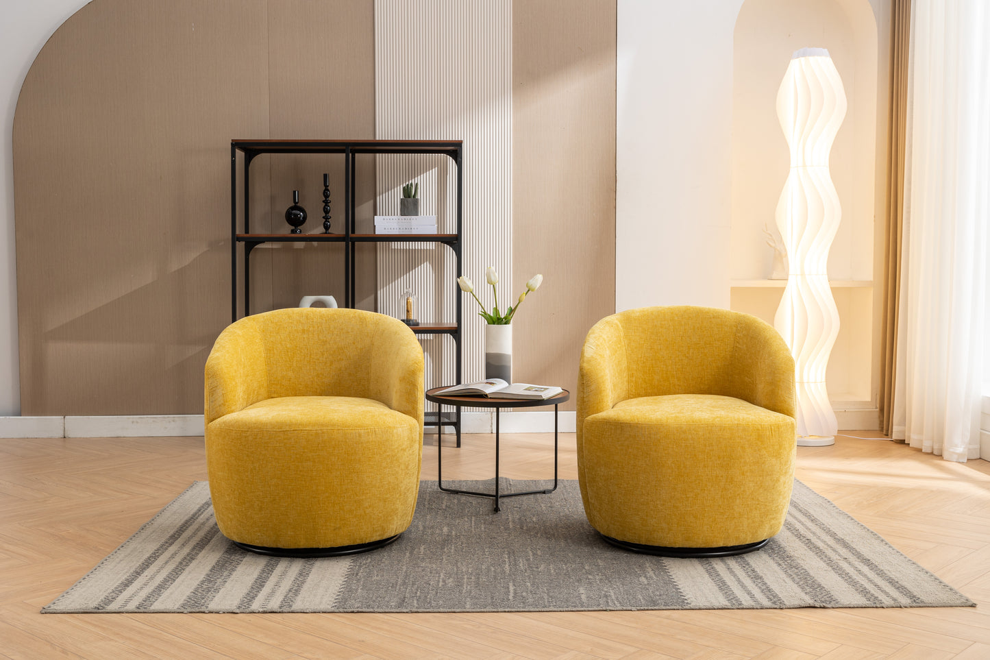 Chenille Fabric Swivel Accent Armchair Barrel Chair With Black Powder Coating Metal Ring,Yellow