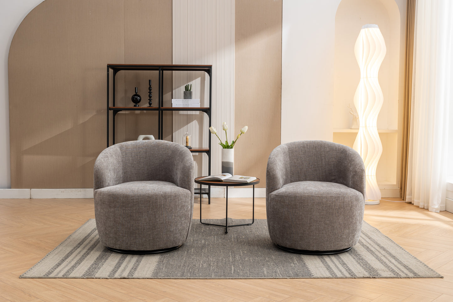 Chenille Fabric Swivel Accent Armchair Barrel Chair With Black Powder Coating Metal Ring,Gray