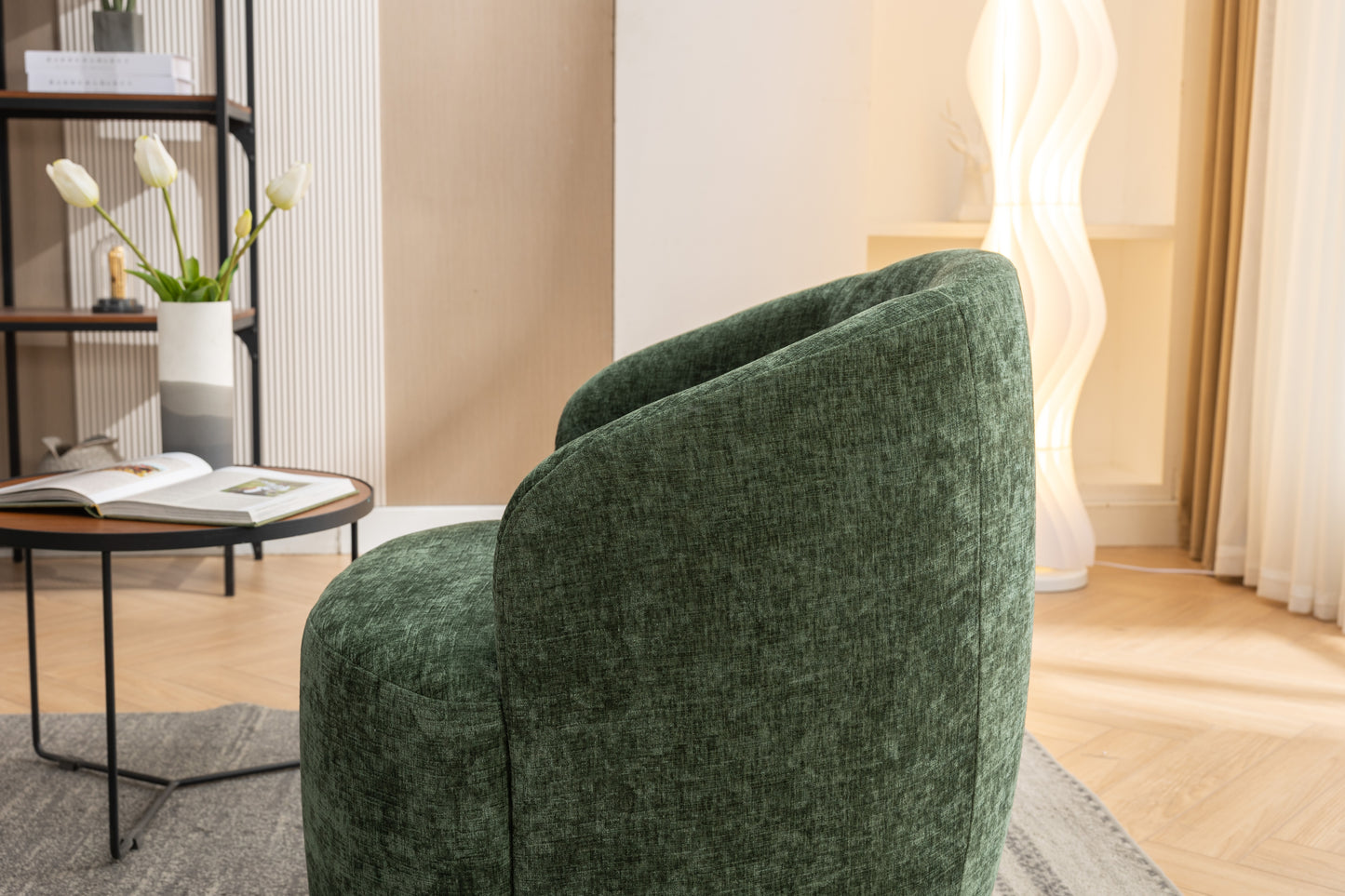 Chenille Fabric Swivel Accent Armchair Barrel Chair With Black Powder Coating Metal Ring,Green