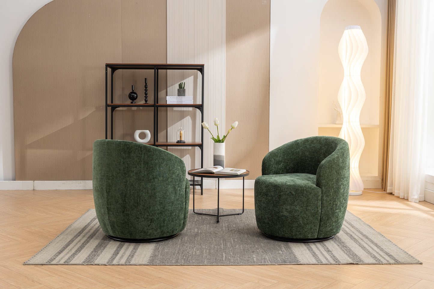 Chenille Fabric Swivel Accent Armchair Barrel Chair With Black Powder Coating Metal Ring,Green
