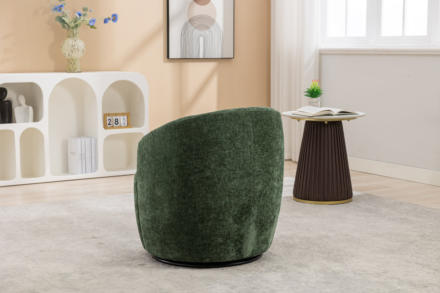 Chenille Fabric Swivel Accent Armchair Barrel Chair With Black Powder Coating Metal Ring,Green