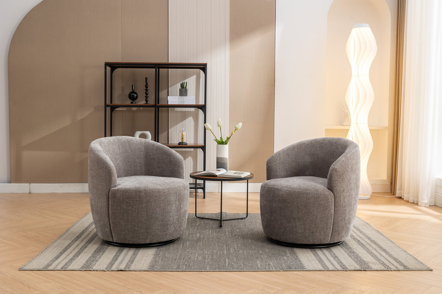 Chenille Fabric Swivel Accent Armchair Barrel Chair With Black Powder Coating Metal Ring,Gray