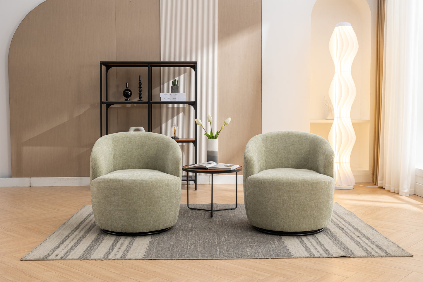 Chenille Fabric Swivel Accent Armchair Barrel Chair With Black Powder Coating Metal Ring,Light Green