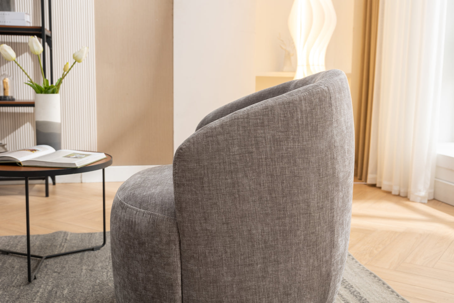 Chenille Fabric Swivel Accent Armchair Barrel Chair With Black Powder Coating Metal Ring,Gray