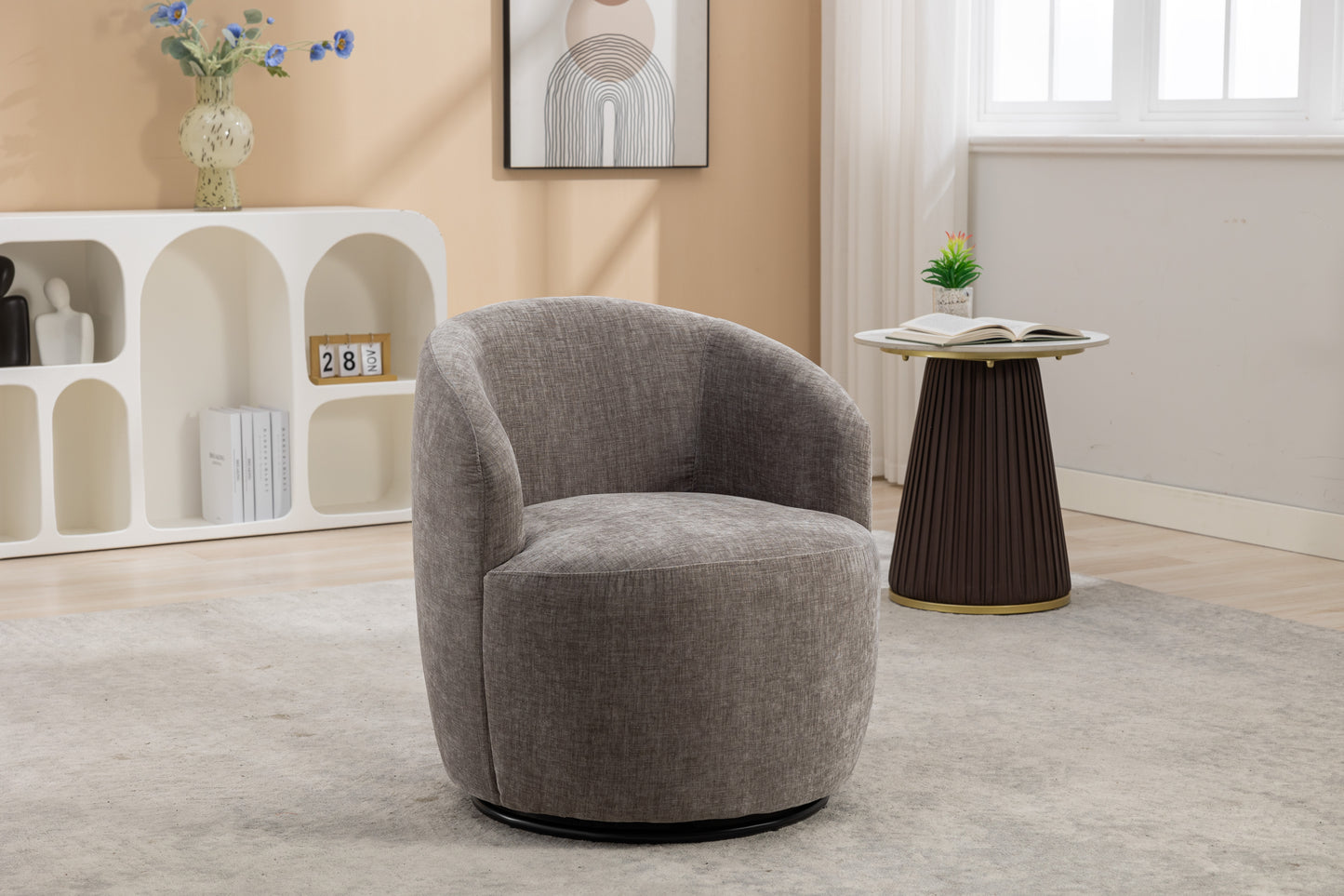 Chenille Fabric Swivel Accent Armchair Barrel Chair With Black Powder Coating Metal Ring,Gray