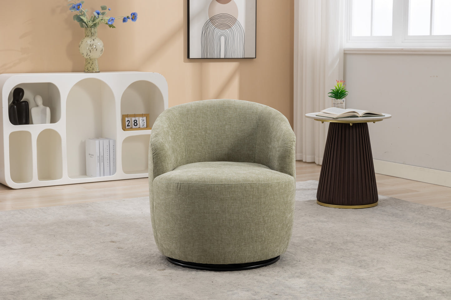 Chenille Fabric Swivel Accent Armchair Barrel Chair With Black Powder Coating Metal Ring,Light Green