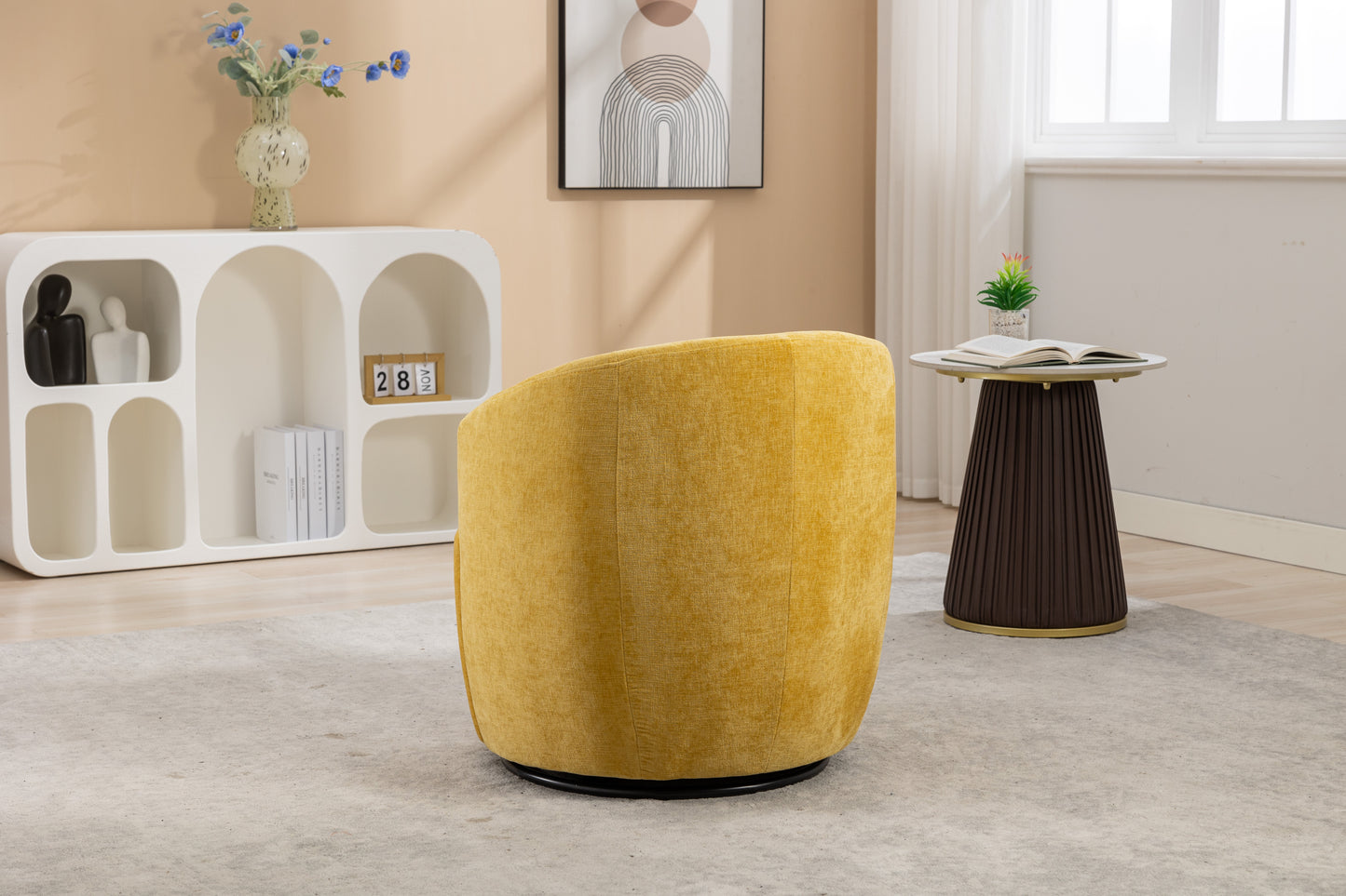 Chenille Fabric Swivel Accent Armchair Barrel Chair With Black Powder Coating Metal Ring,Yellow