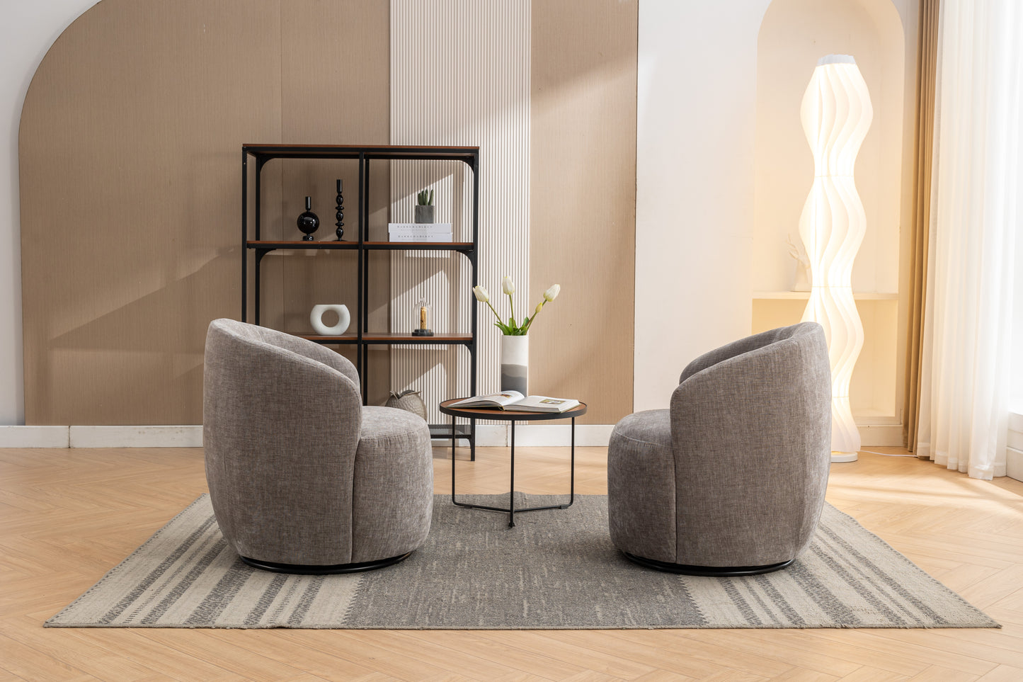 Chenille Fabric Swivel Accent Armchair Barrel Chair With Black Powder Coating Metal Ring,Gray