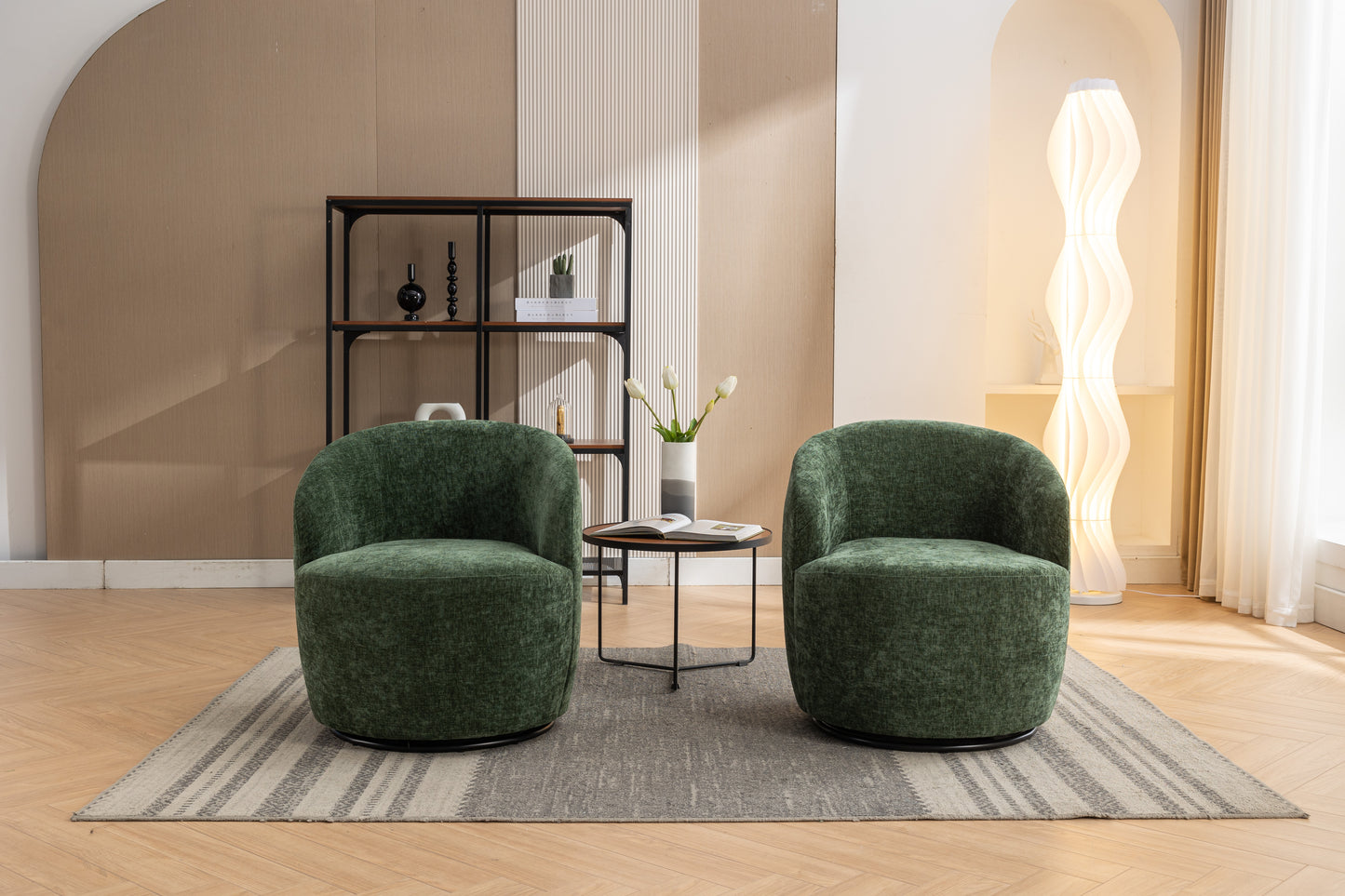 Chenille Fabric Swivel Accent Armchair Barrel Chair With Black Powder Coating Metal Ring,Green