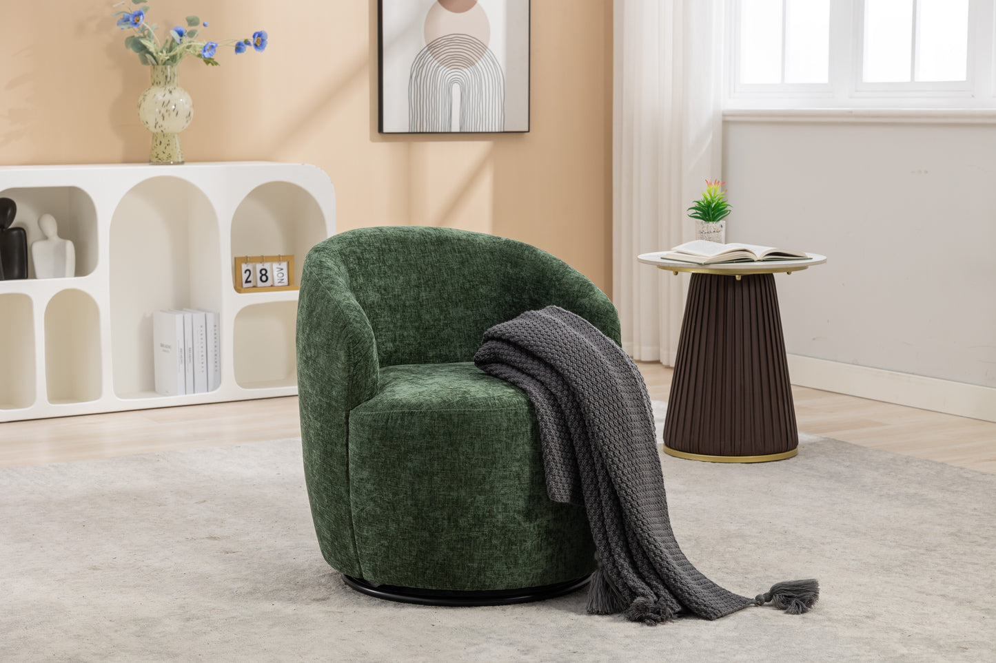 Chenille Fabric Swivel Accent Armchair Barrel Chair With Black Powder Coating Metal Ring,Green