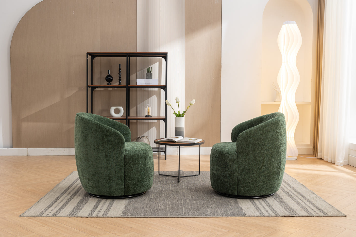 Chenille Fabric Swivel Accent Armchair Barrel Chair With Black Powder Coating Metal Ring,Green