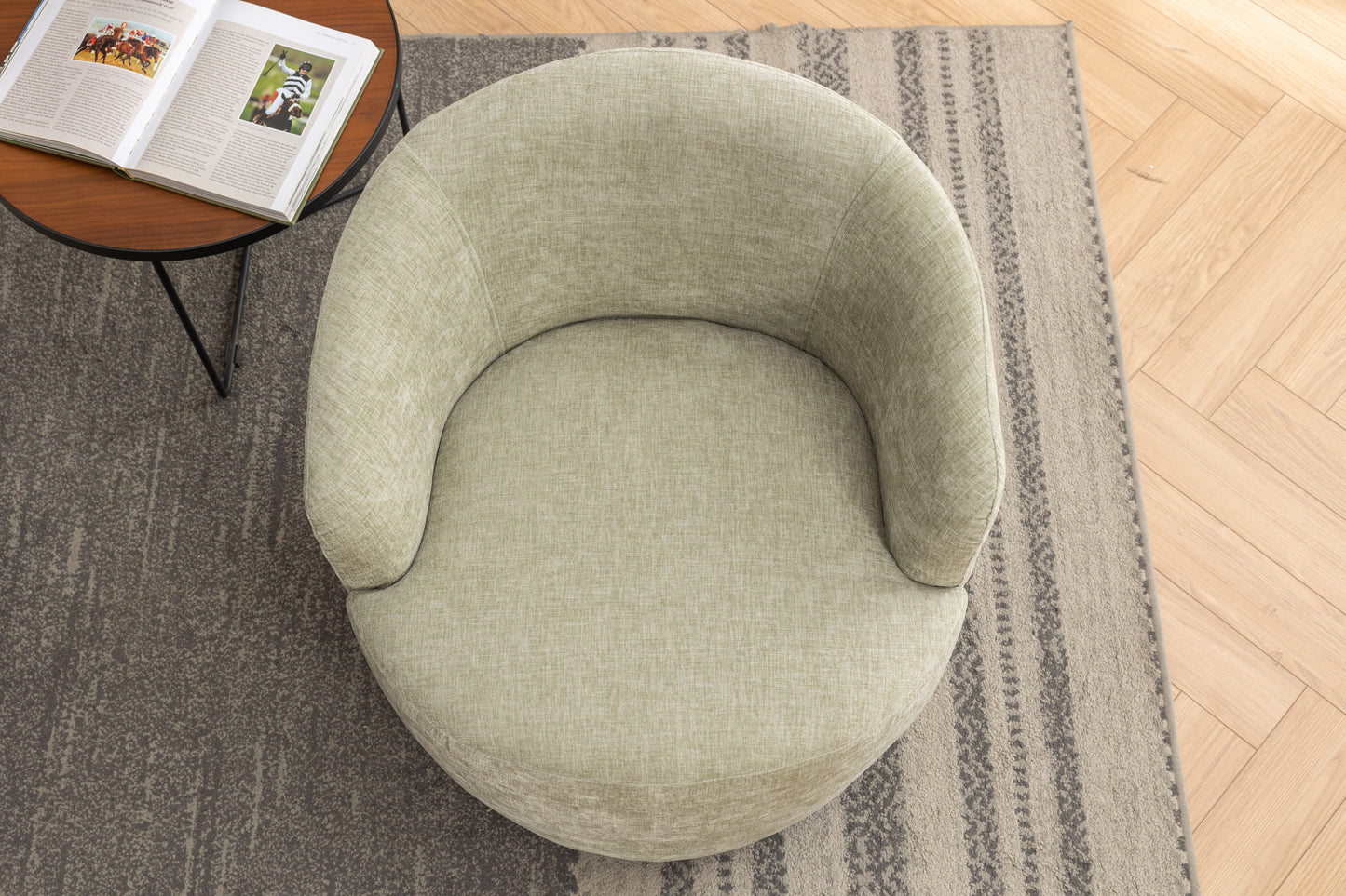 Chenille Fabric Swivel Accent Armchair Barrel Chair With Black Powder Coating Metal Ring,Light Green
