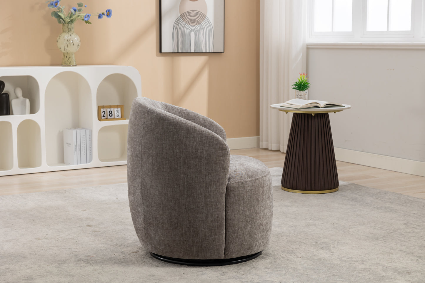 Chenille Fabric Swivel Accent Armchair Barrel Chair With Black Powder Coating Metal Ring,Gray