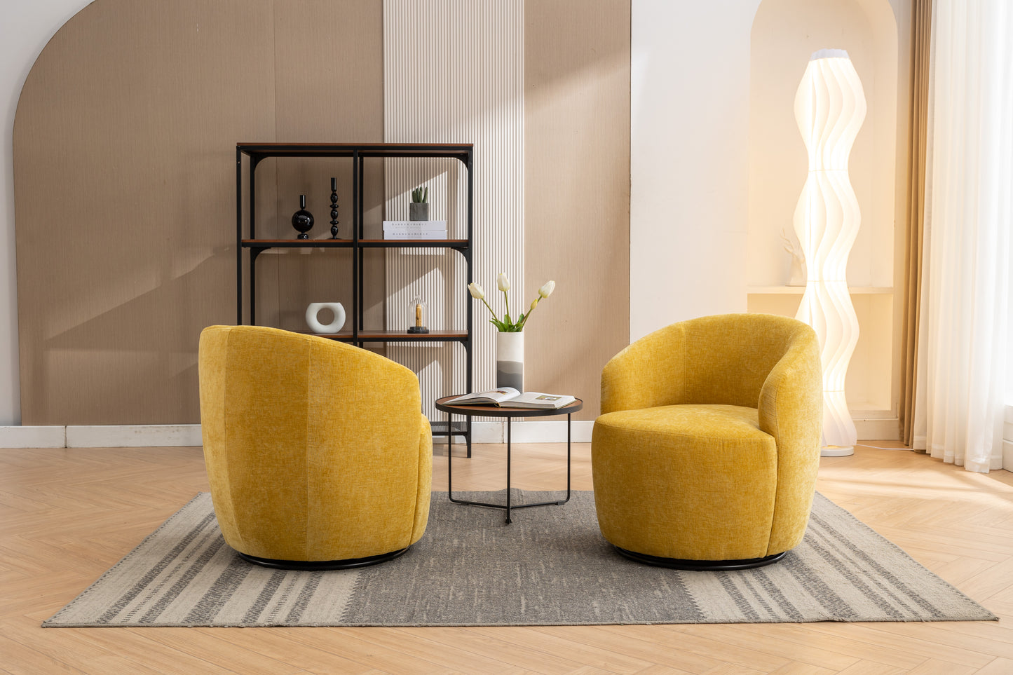 Chenille Fabric Swivel Accent Armchair Barrel Chair With Black Powder Coating Metal Ring,Yellow
