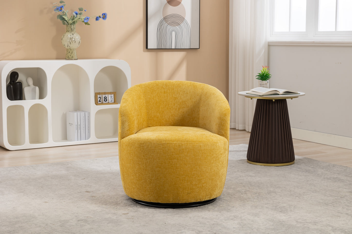 Chenille Fabric Swivel Accent Armchair Barrel Chair With Black Powder Coating Metal Ring,Yellow