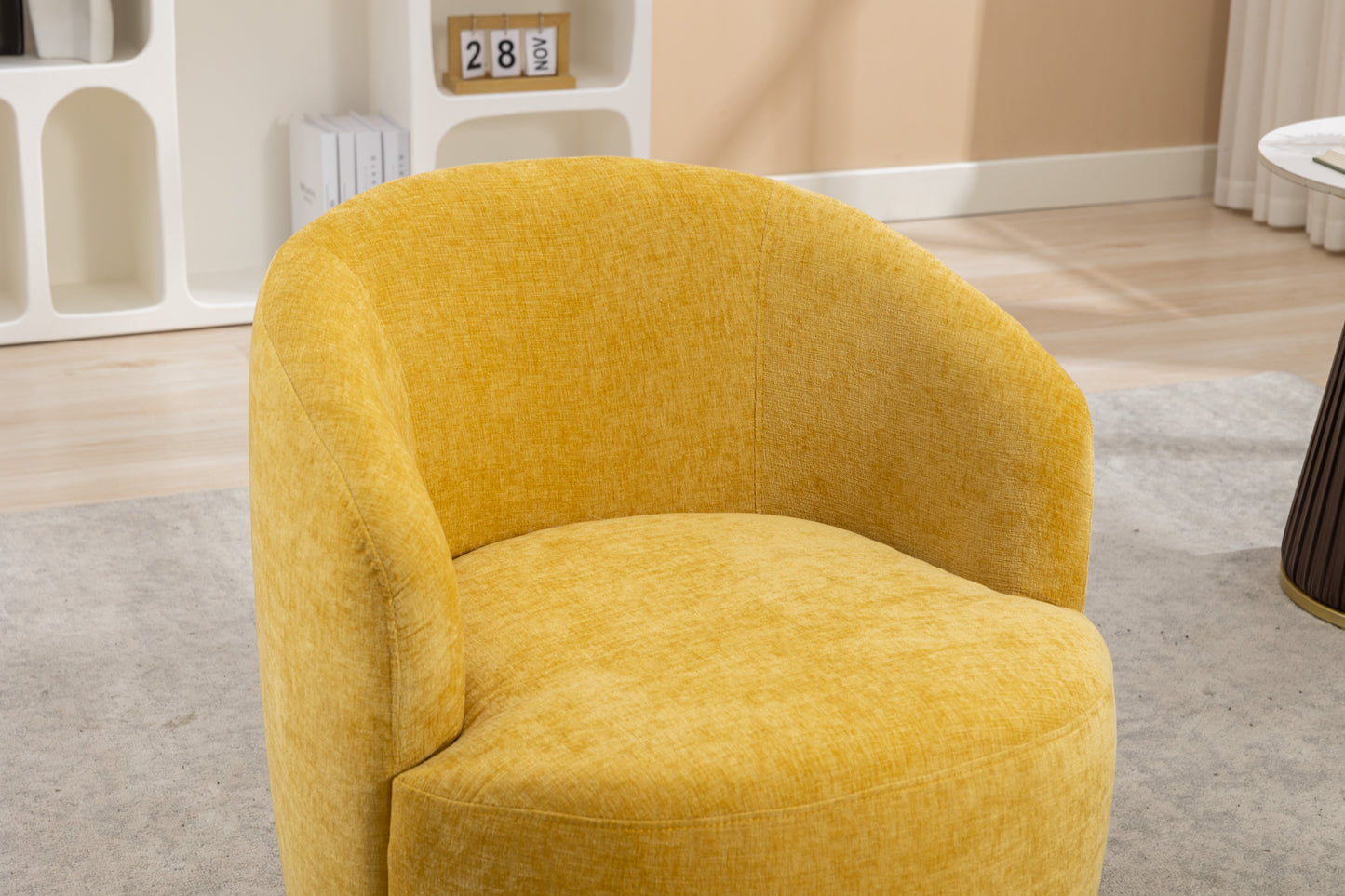 Chenille Fabric Swivel Accent Armchair Barrel Chair With Black Powder Coating Metal Ring,Yellow