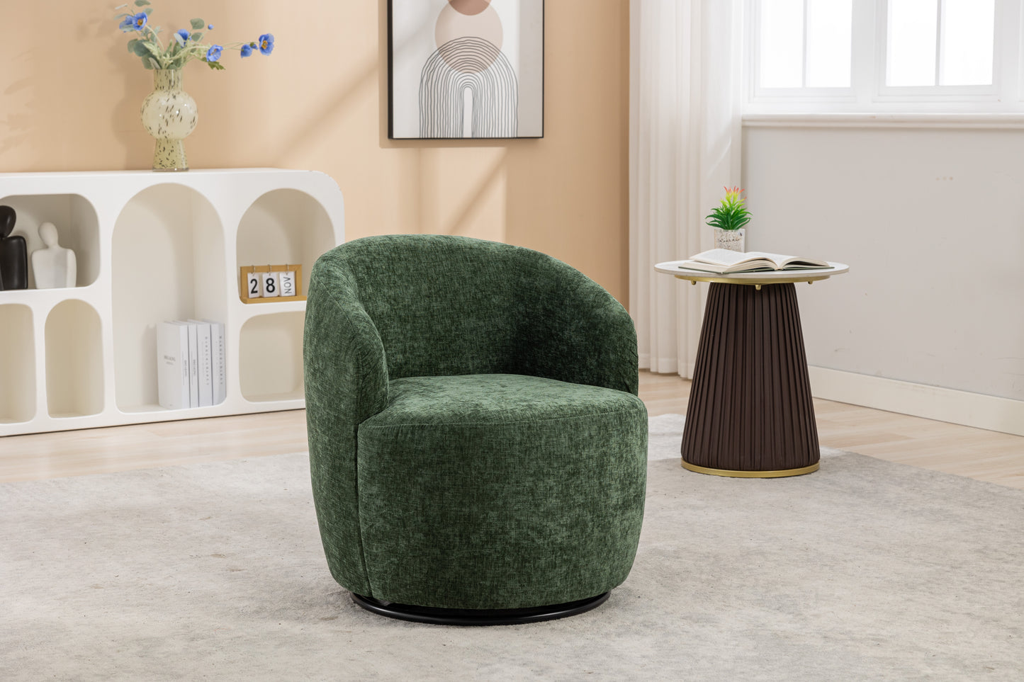 Chenille Fabric Swivel Accent Armchair Barrel Chair With Black Powder Coating Metal Ring,Green