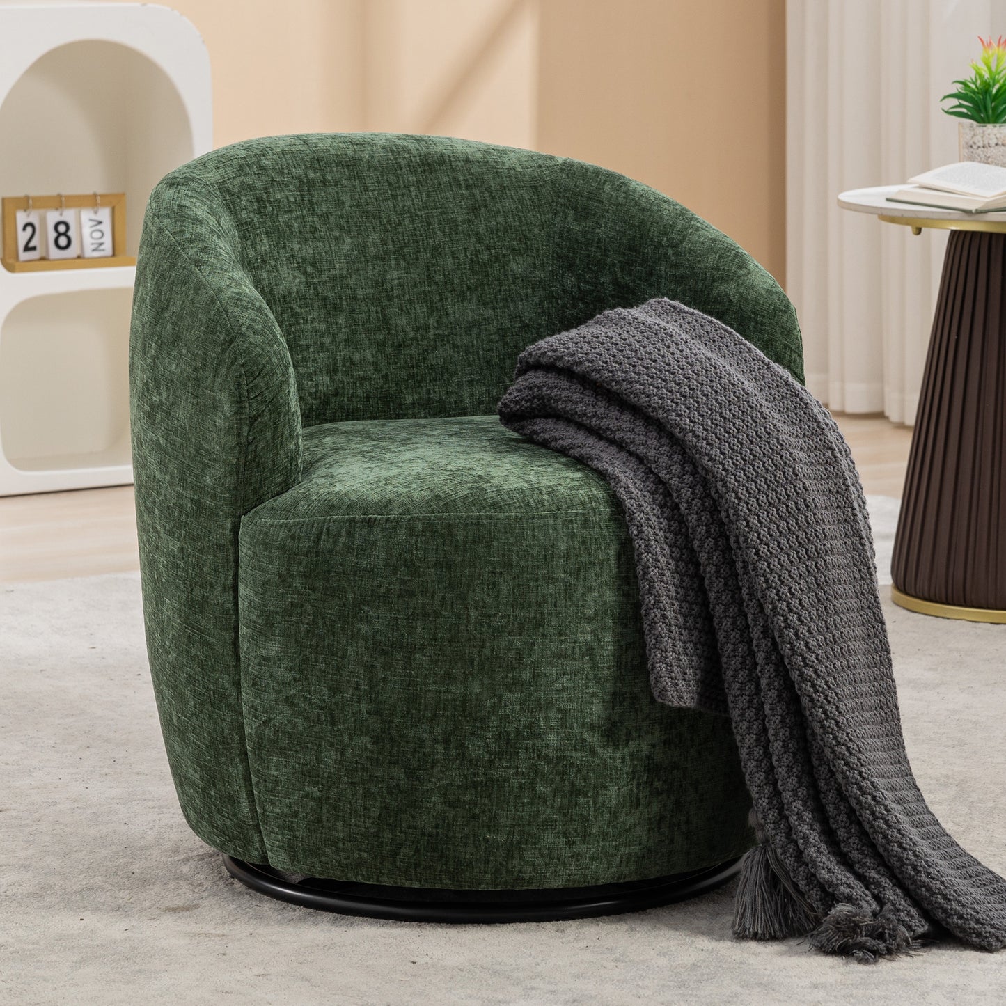 Chenille Fabric Swivel Accent Armchair Barrel Chair With Black Powder Coating Metal Ring,Green