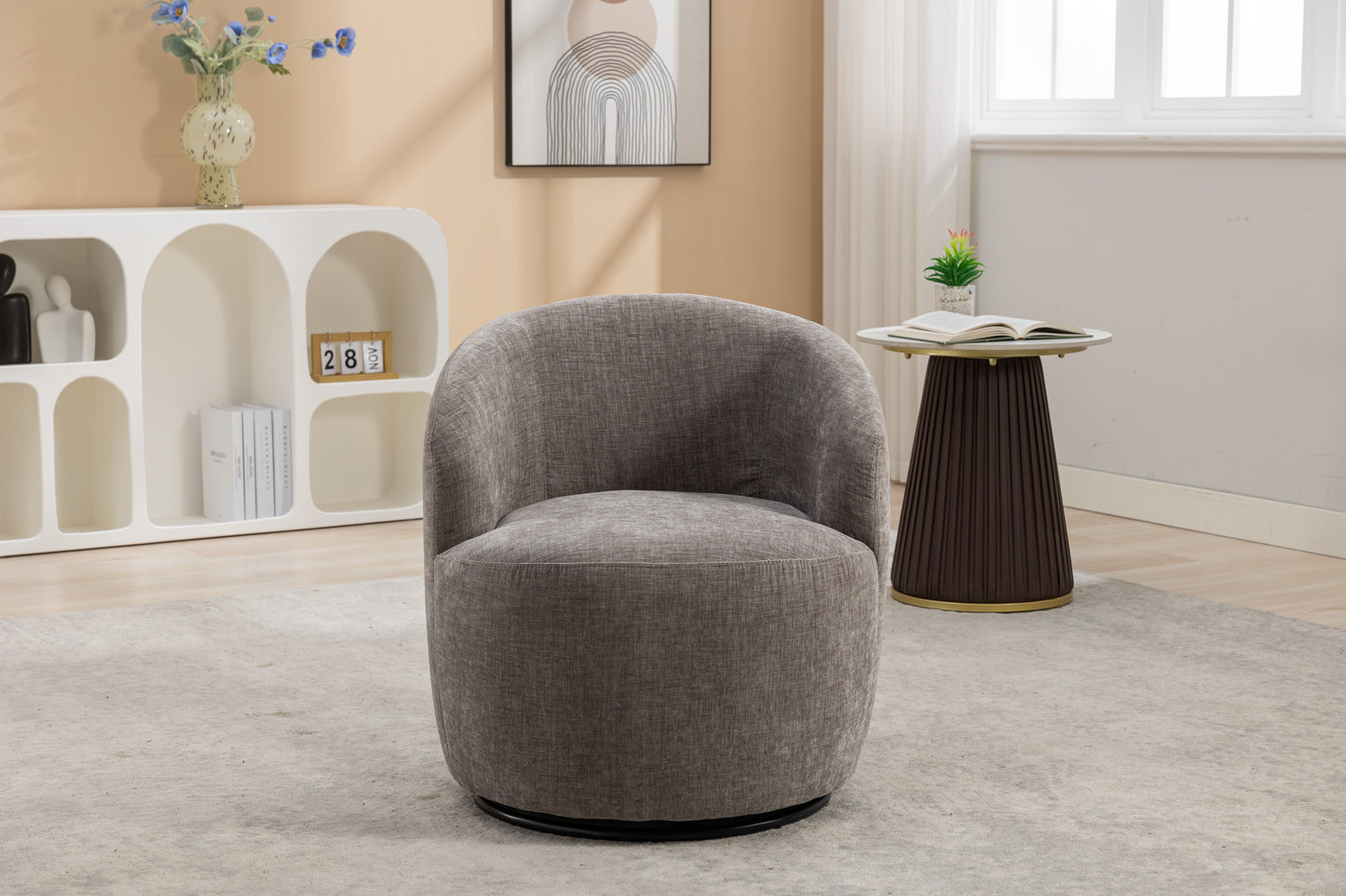 Chenille Fabric Swivel Accent Armchair Barrel Chair With Black Powder Coating Metal Ring,Gray