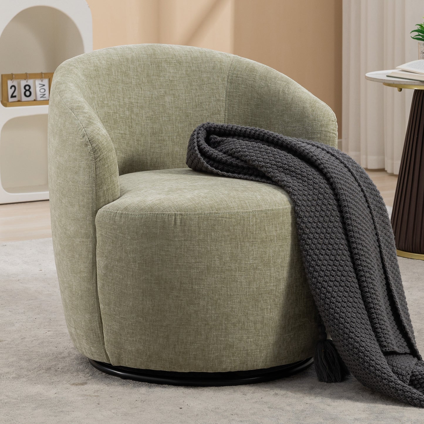 Chenille Fabric Swivel Accent Armchair Barrel Chair With Black Powder Coating Metal Ring,Light Green