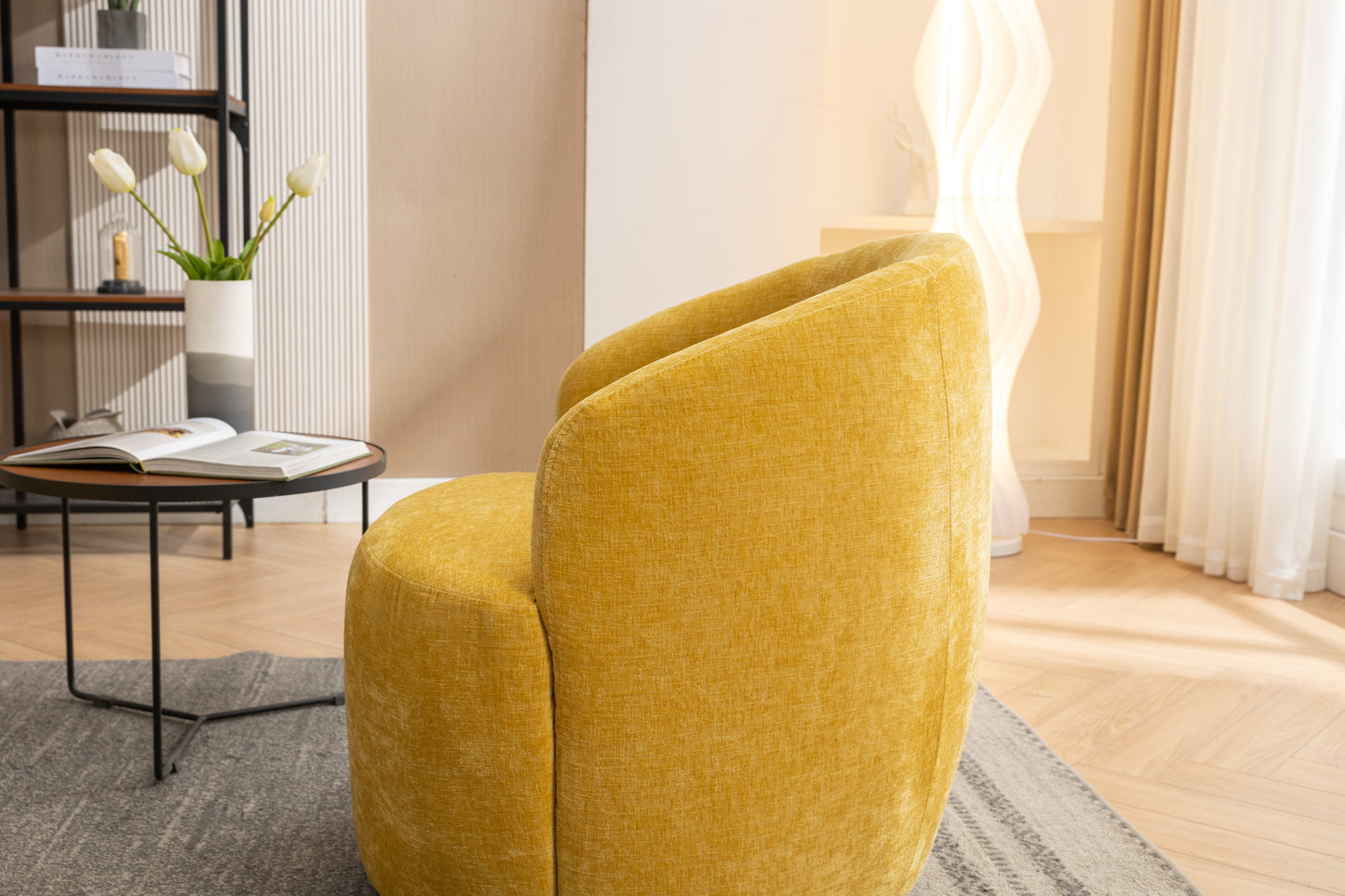 Chenille Fabric Swivel Accent Armchair Barrel Chair With Black Powder Coating Metal Ring,Yellow