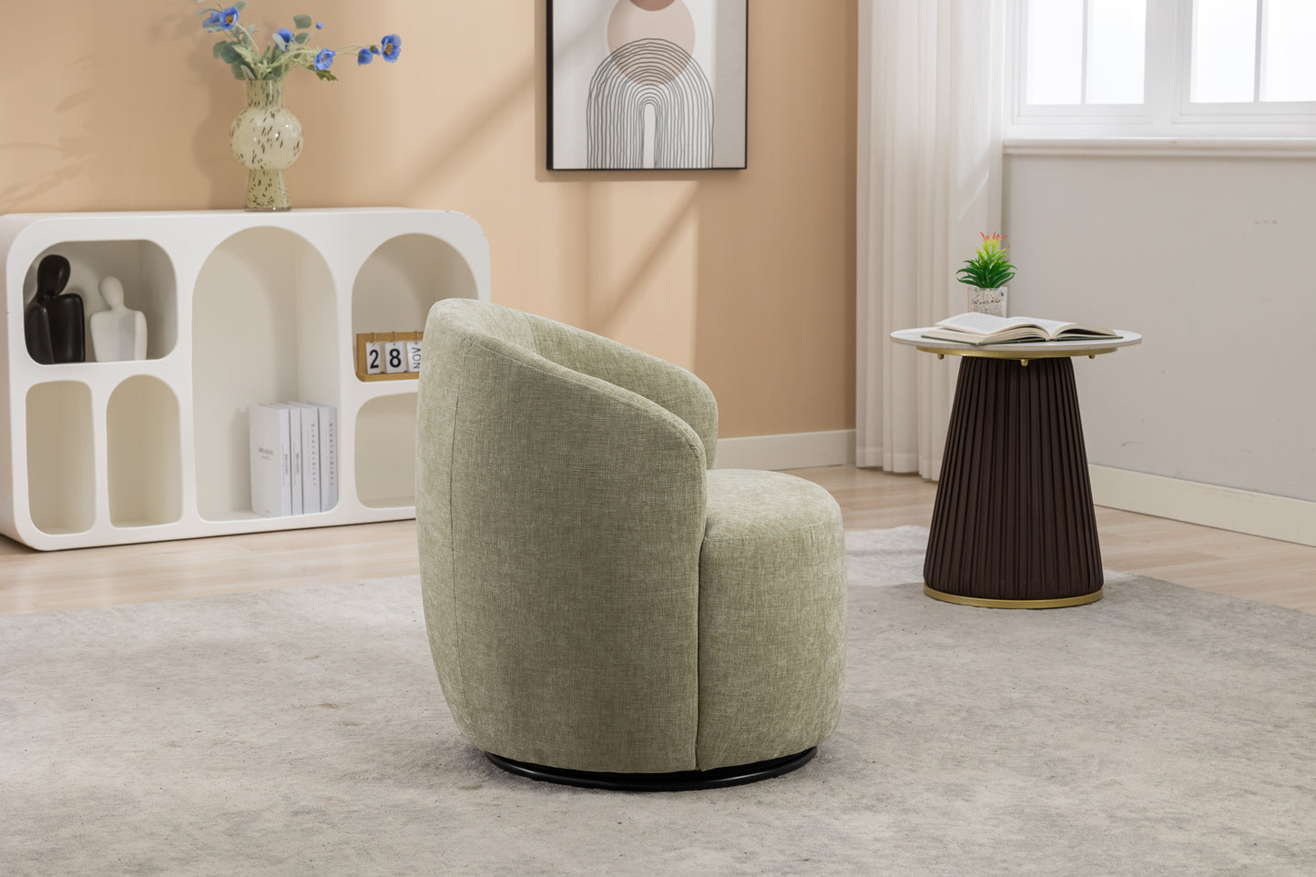 Chenille Fabric Swivel Accent Armchair Barrel Chair With Black Powder Coating Metal Ring,Light Green