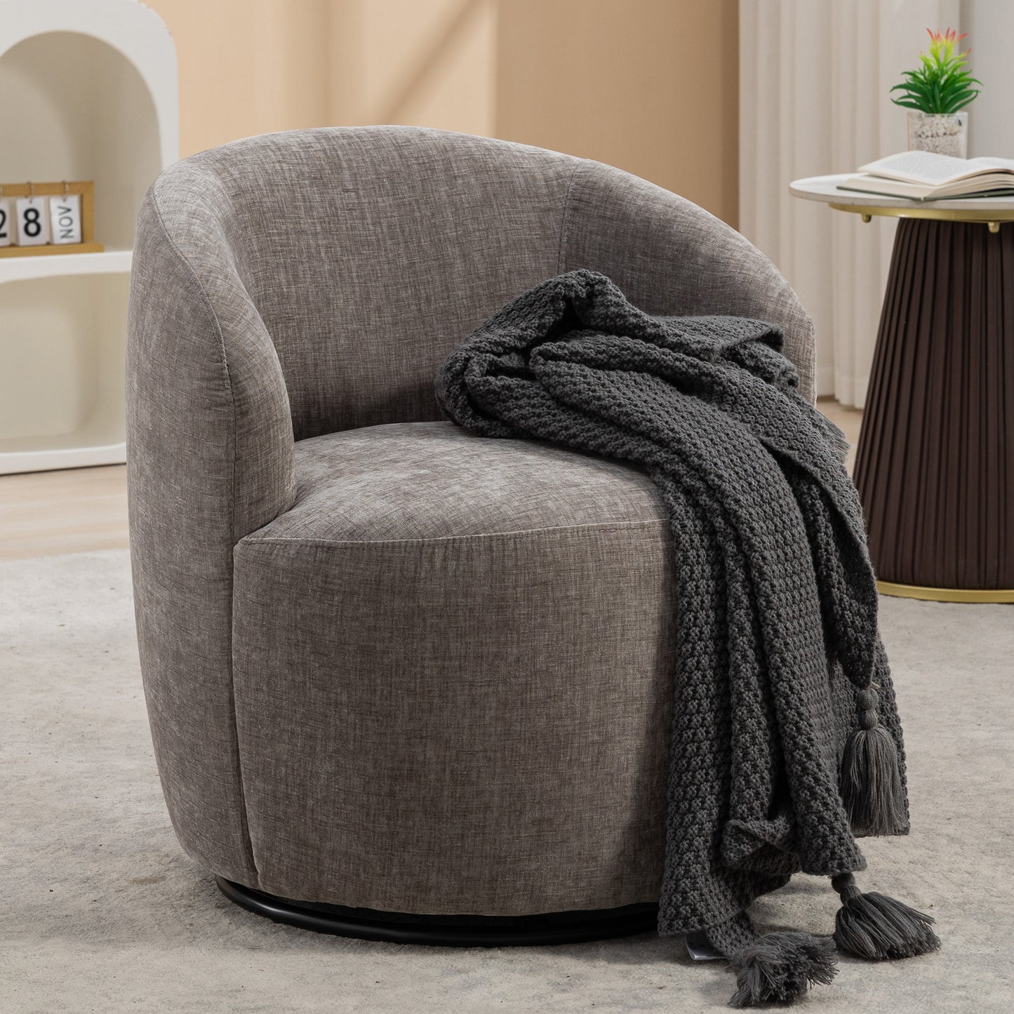 Chenille Fabric Swivel Accent Armchair Barrel Chair With Black Powder Coating Metal Ring,Gray