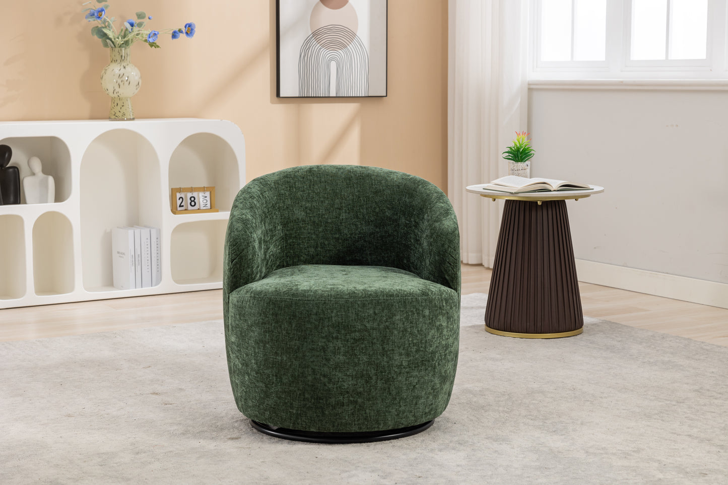 Chenille Fabric Swivel Accent Armchair Barrel Chair With Black Powder Coating Metal Ring,Green