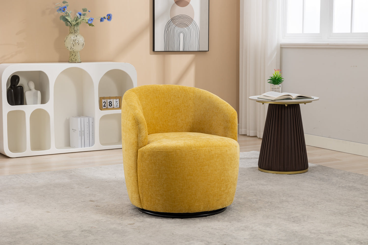 Chenille Fabric Swivel Accent Armchair Barrel Chair With Black Powder Coating Metal Ring,Yellow