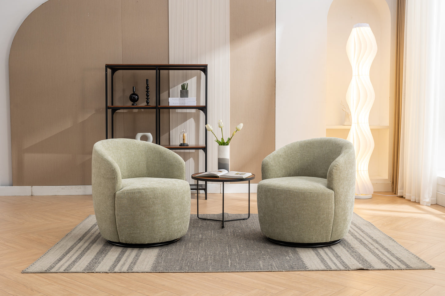 Chenille Fabric Swivel Accent Armchair Barrel Chair With Black Powder Coating Metal Ring,Light Green