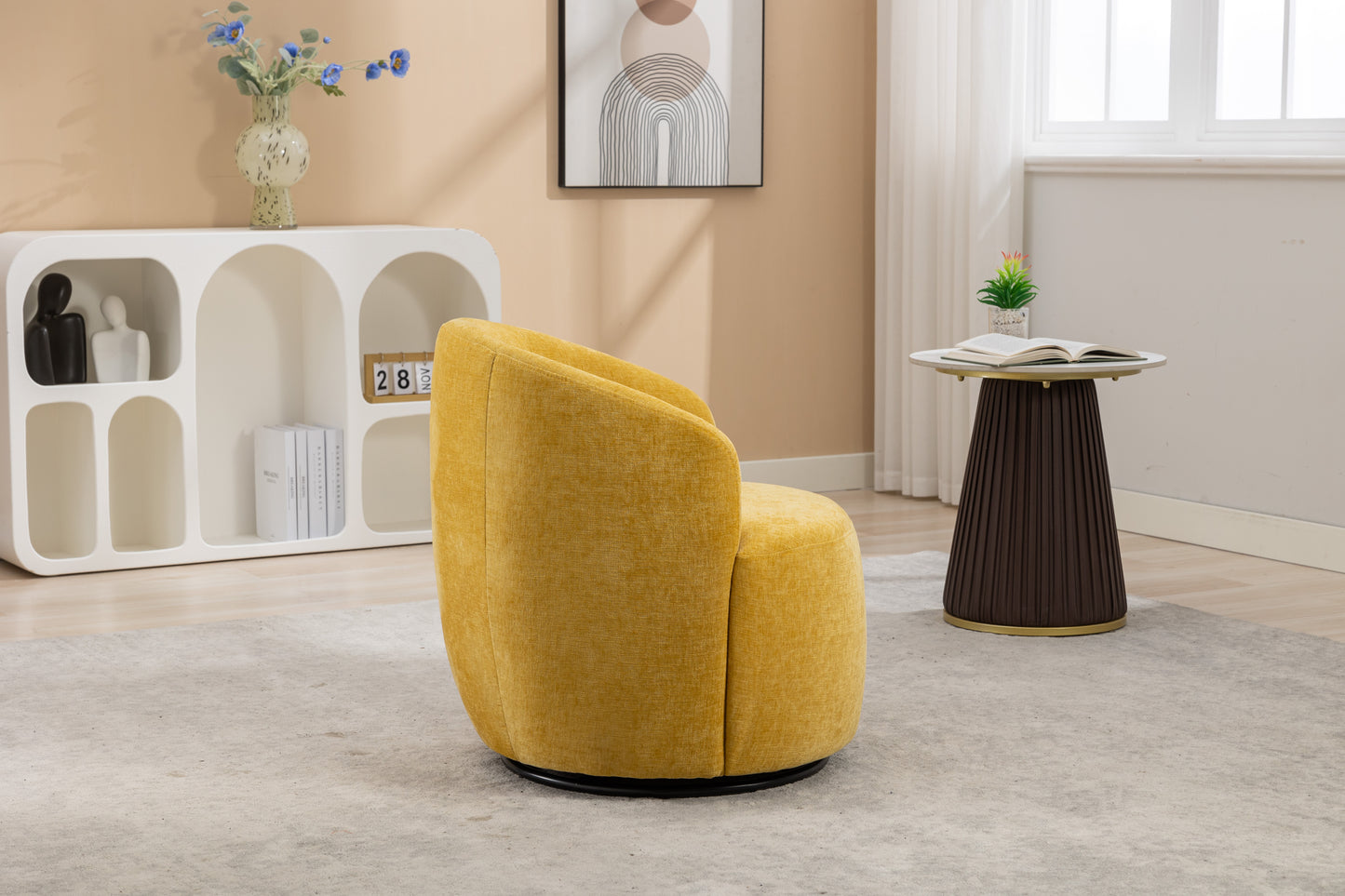 Chenille Fabric Swivel Accent Armchair Barrel Chair With Black Powder Coating Metal Ring,Yellow