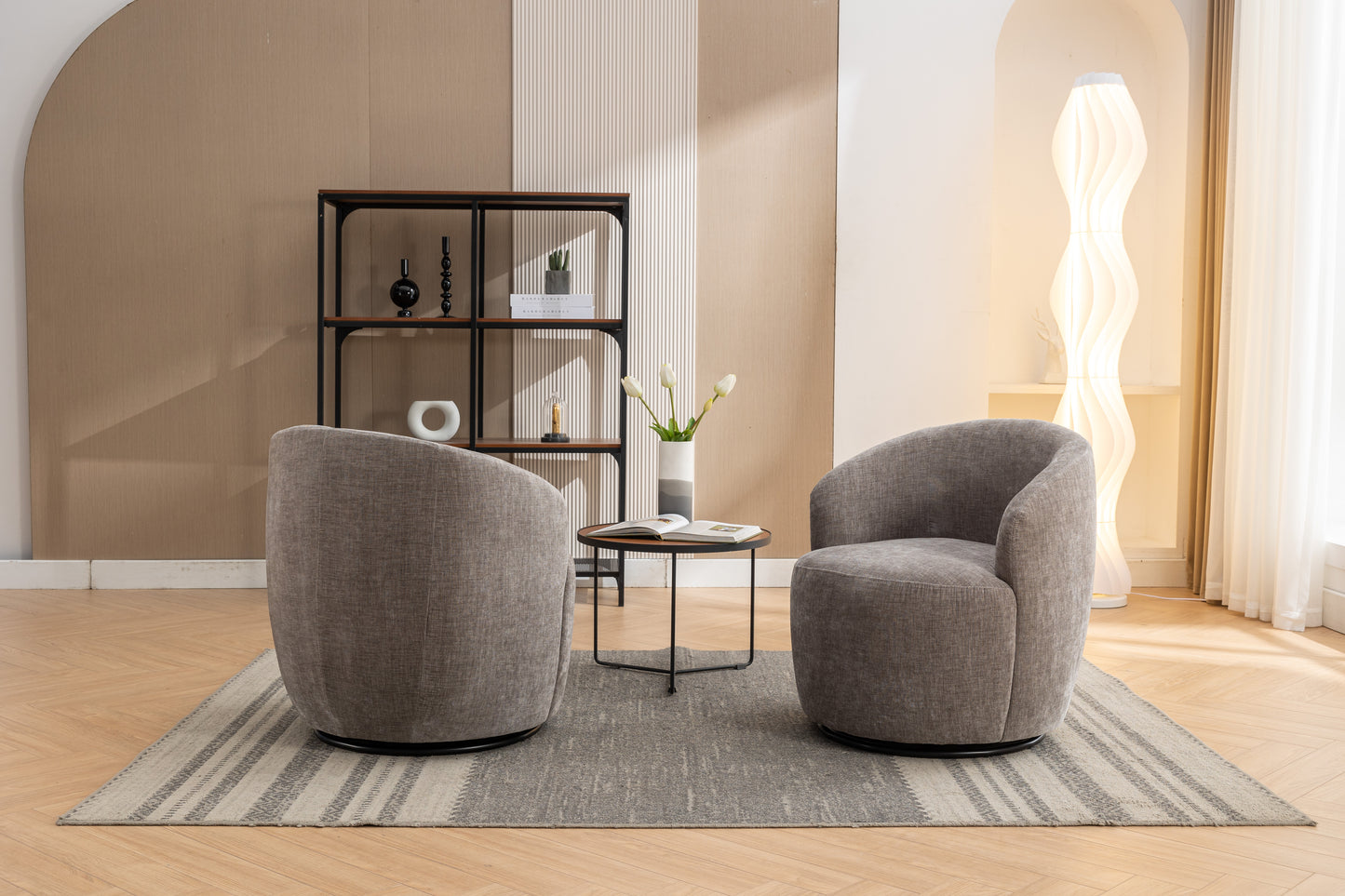 Chenille Fabric Swivel Accent Armchair Barrel Chair With Black Powder Coating Metal Ring,Gray