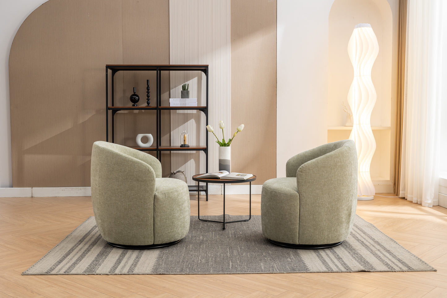 Chenille Fabric Swivel Accent Armchair Barrel Chair With Black Powder Coating Metal Ring,Light Green