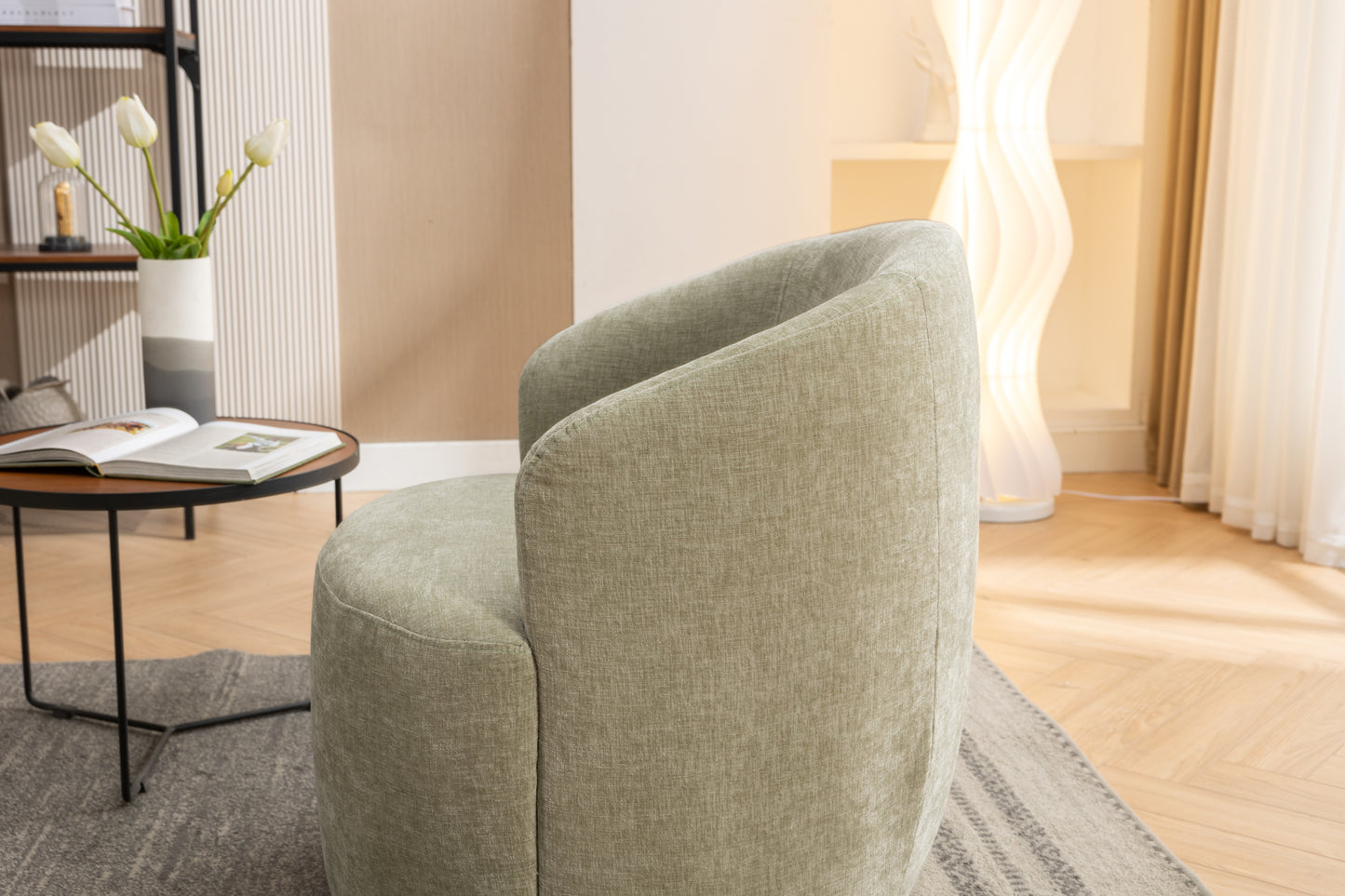 Chenille Fabric Swivel Accent Armchair Barrel Chair With Black Powder Coating Metal Ring,Light Green