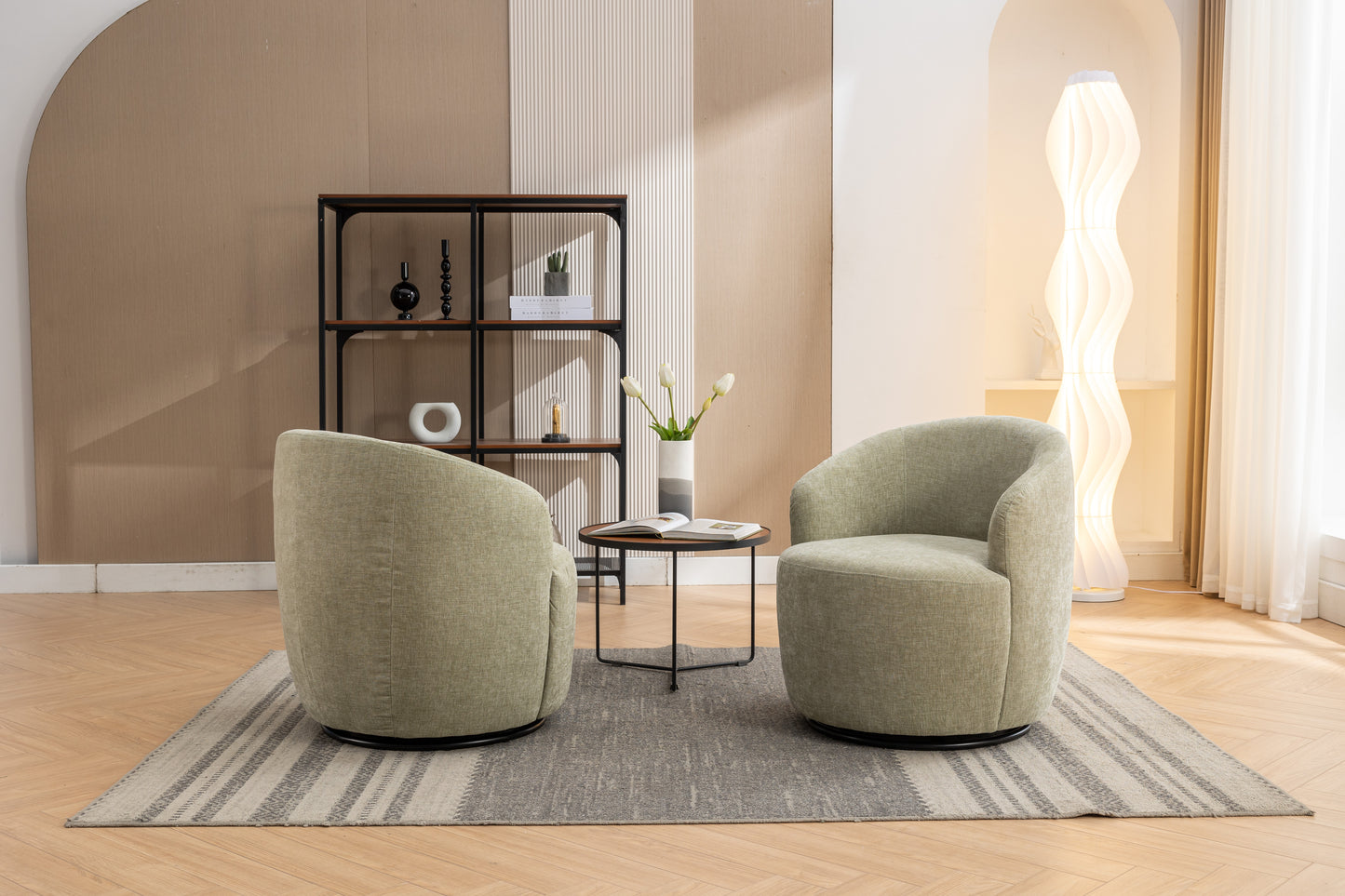 Chenille Fabric Swivel Accent Armchair Barrel Chair With Black Powder Coating Metal Ring,Light Green
