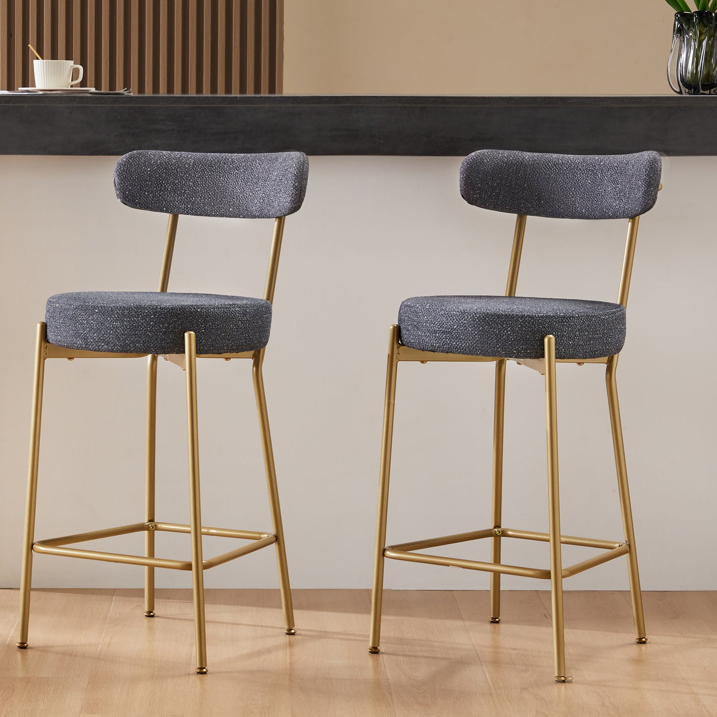 25 Inch Modern Gold Upholstered Sherpa Counter Stools Set of 2 with Backs for Kitchen Island