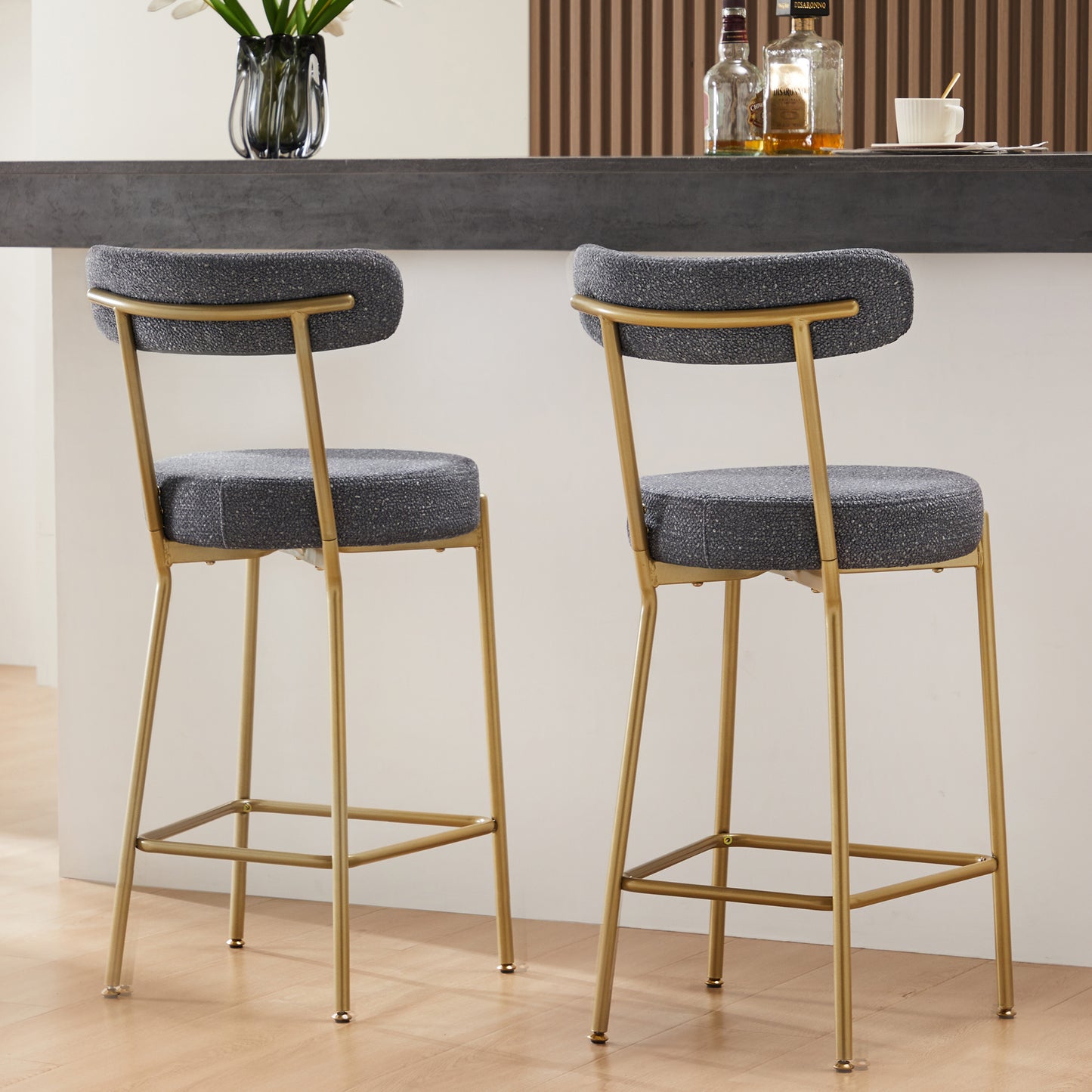 25 Inch Modern Gold Upholstered Sherpa Counter Stools Set of 2 with Backs for Kitchen Island