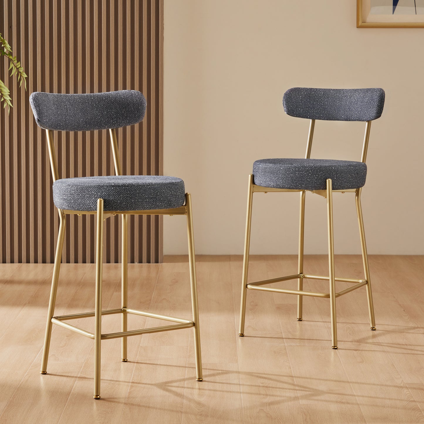 25 Inch Modern Gold Upholstered Sherpa Counter Stools Set of 2 with Backs for Kitchen Island
