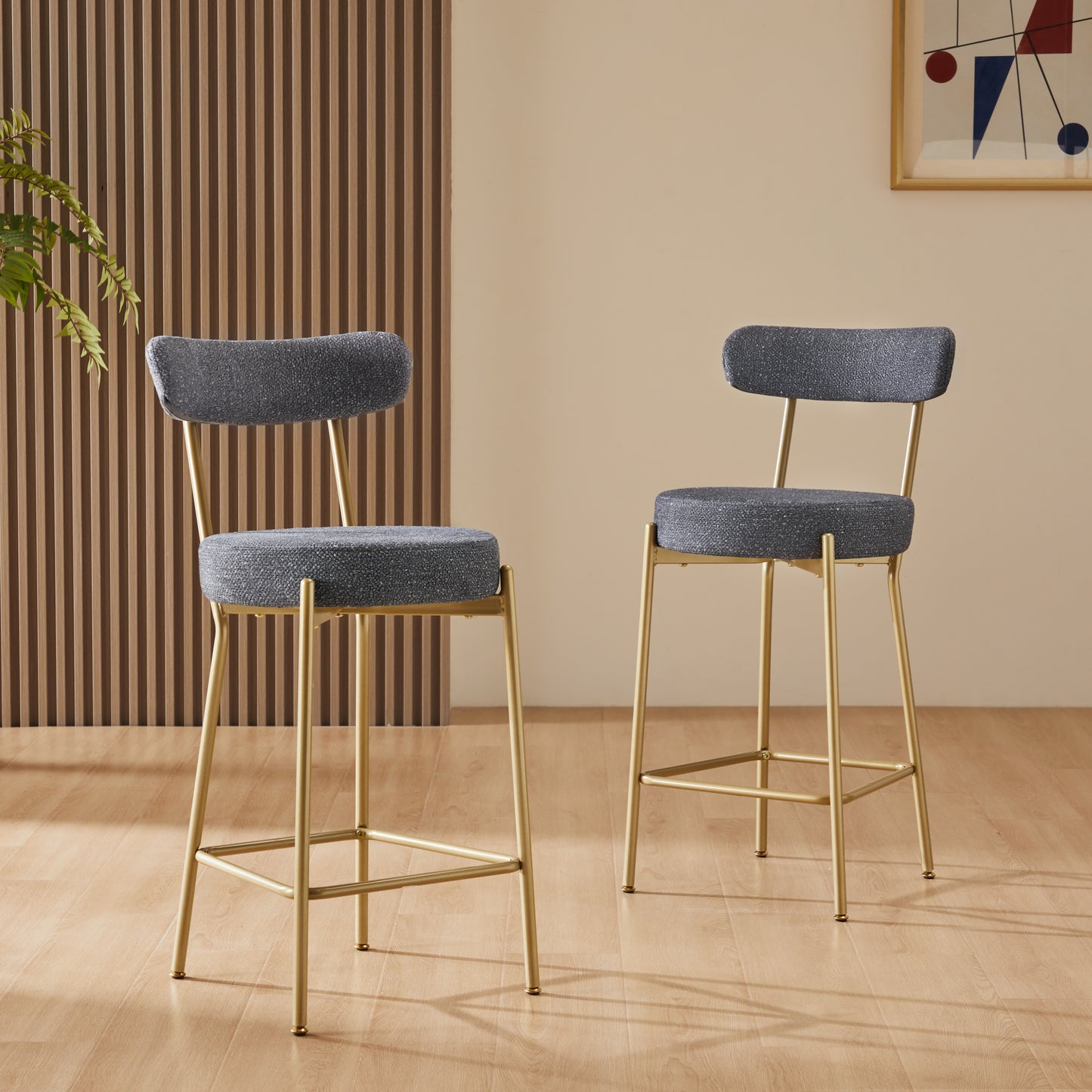 25 Inch Modern Gold Upholstered Sherpa Counter Stools Set of 2 with Backs for Kitchen Island