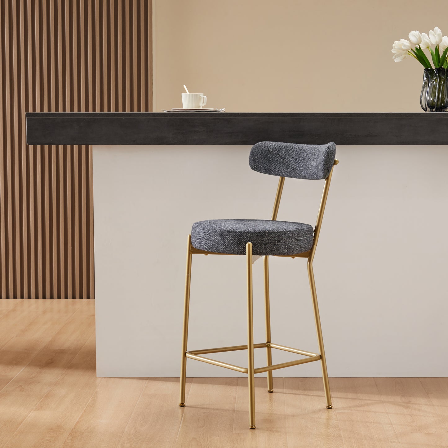 25 Inch Modern Gold Upholstered Sherpa Counter Stools Set of 2 with Backs for Kitchen Island