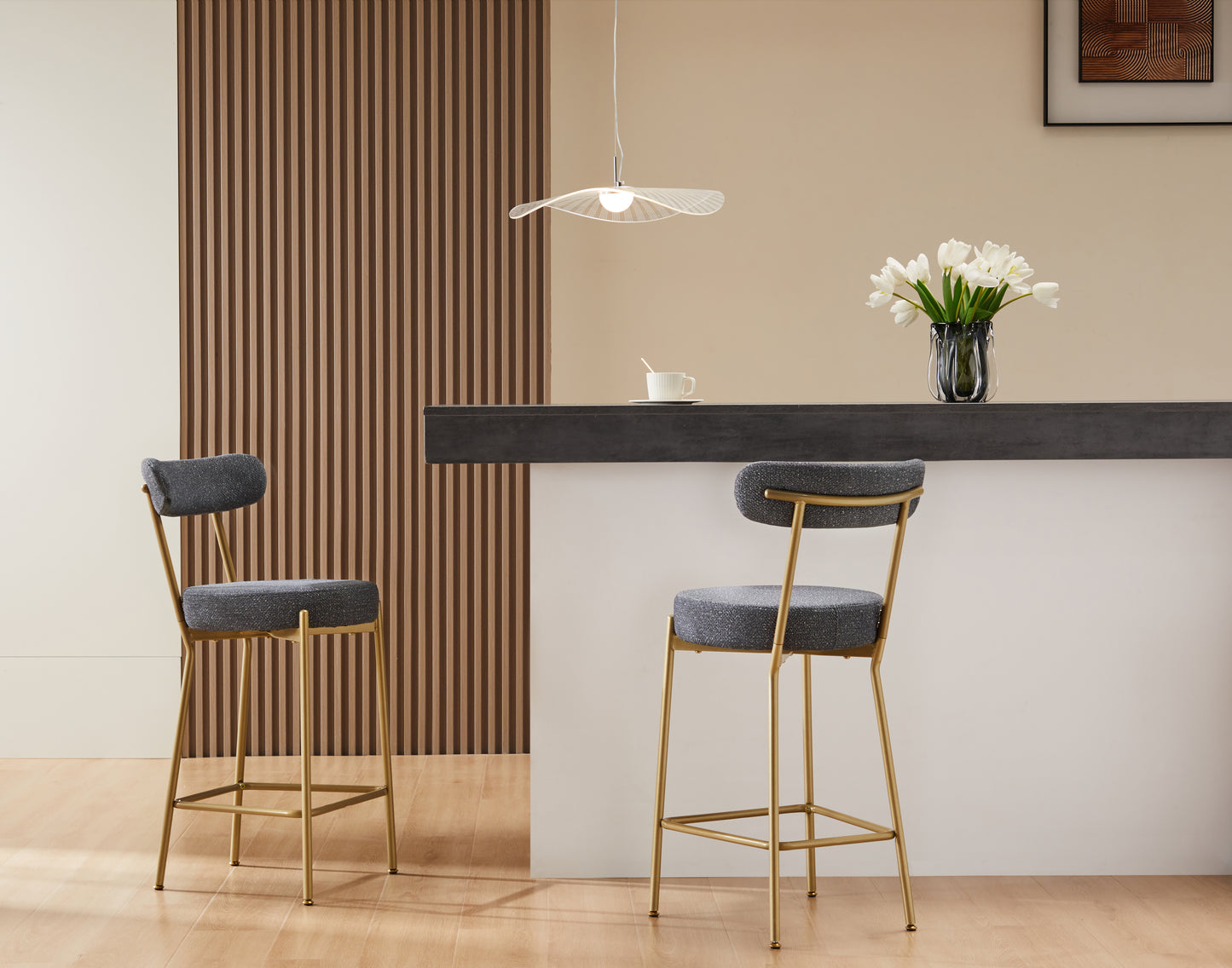 25 Inch Modern Gold Upholstered Sherpa Counter Stools Set of 2 with Backs for Kitchen Island