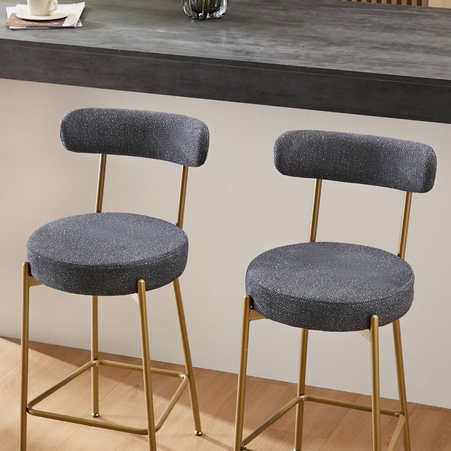 25 Inch Modern Gold Upholstered Sherpa Counter Stools Set of 2 with Backs for Kitchen Island