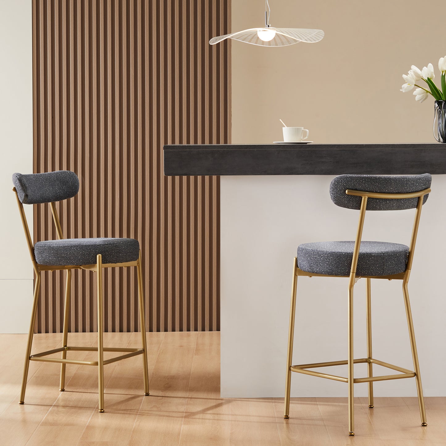 25 Inch Modern Gold Upholstered Sherpa Counter Stools Set of 2 with Backs for Kitchen Island