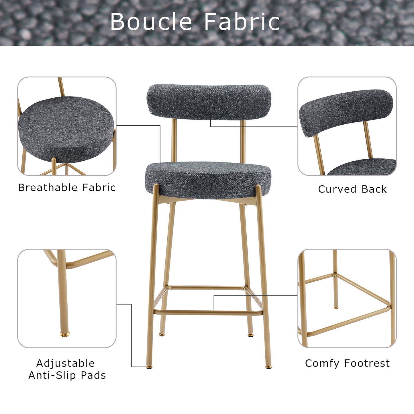 25 Inch Modern Gold Upholstered Sherpa Counter Stools Set of 2 with Backs for Kitchen Island